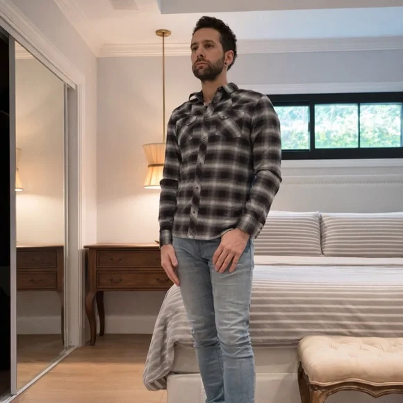 AllSaints Plaid Western Button Up Shirt Slim Fit Men’s Small Black Gray Flannel - Picture 3 of 3